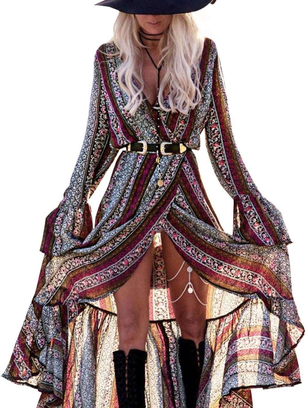 Boho High-Low Wrap Maxi Dress in Burgundy Stripe